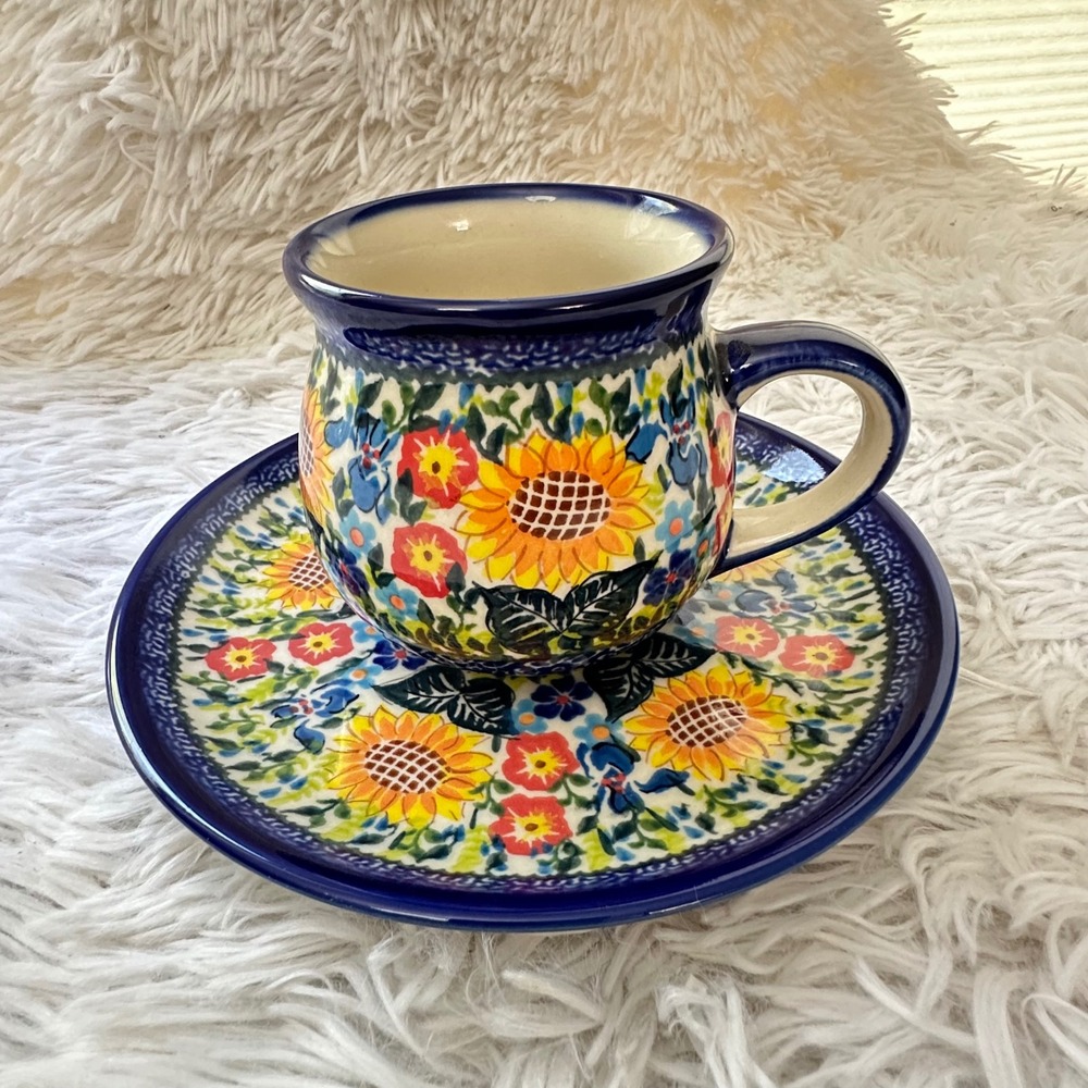 Polish Pottery Boleslawiec Bubble Mug and Salad / Accent Plate Happy Sunflowers